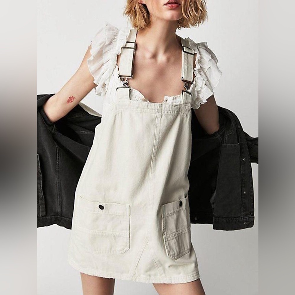 Free People We the Free Overall Smock Mini Top | Cream Denim Overall Dress